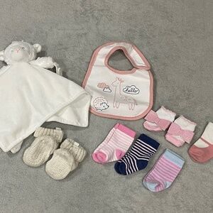 Baby girl Bundle Slippers, Socks, Bib and Blanket Lovey Pacifier Holder